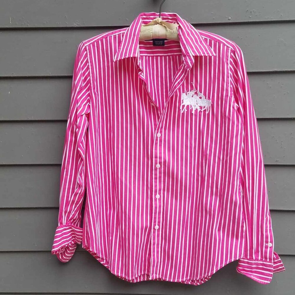 Vintage Ralph Lauren Sport Red White Stripe Polo Pony Button Down size14